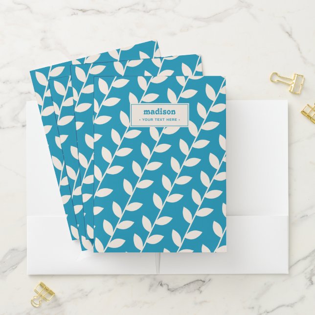 Custom Blue 70s Retro Leaf Pattern Monogram Pocket Folder (In Situ)