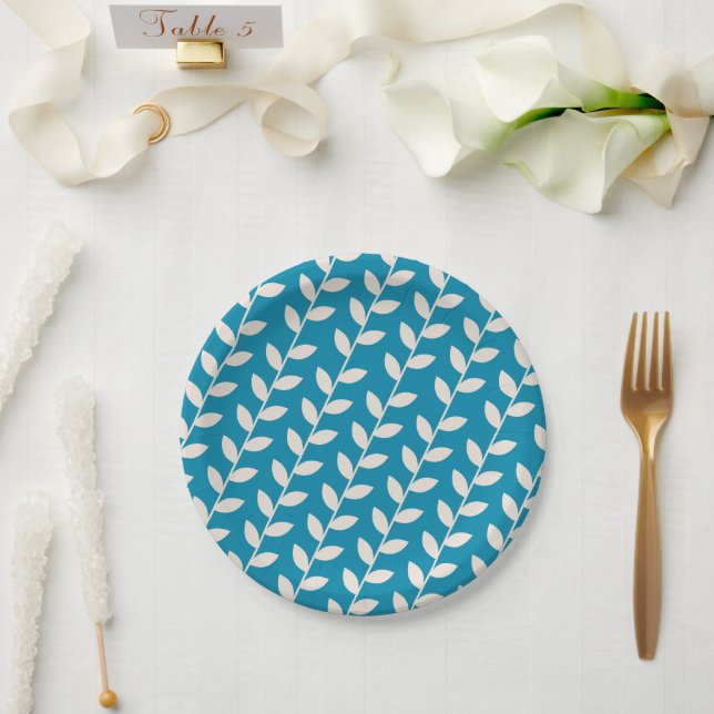 Custom Blue 70s Retro Leaf Pattern  Paper Plates (Wedding)
