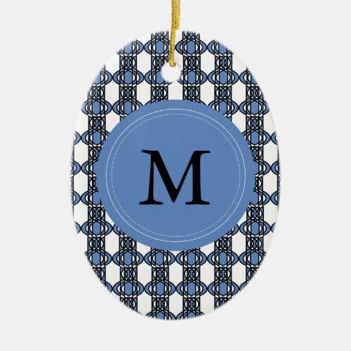 Custom Blue Abstract Scarab Pattern Monogram Ceramic Ornament