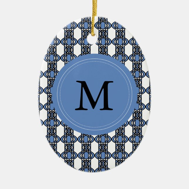 Custom Blue Abstract Scarab Pattern Monogram Ceramic Ornament (Front)