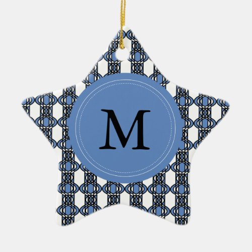 Custom Blue Abstract Scarab Pattern Monogram Ceramic Ornament