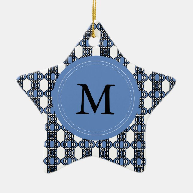 Custom Blue Abstract Scarab Pattern Monogram Ceramic Ornament (Front)