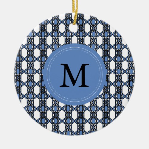 Custom Blue Abstract Scarab Pattern Monogram Ceramic Ornament