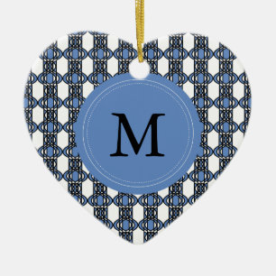 Custom Blue Abstract Scarab Pattern Monogram Ceramic Ornament