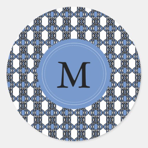 Custom Blue Abstract Scarab Pattern Monogram Classic Round Sticker