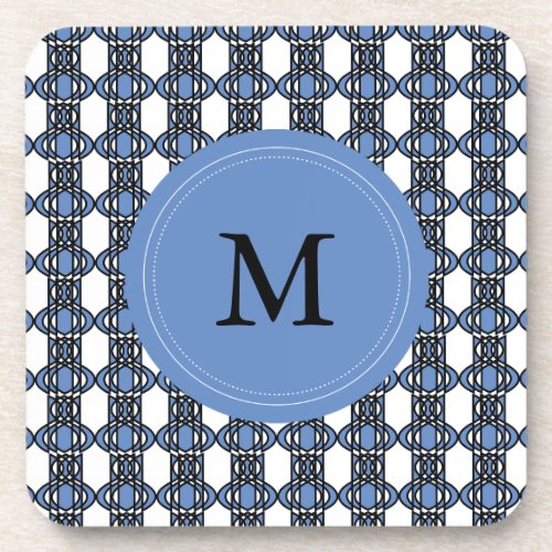 Custom Blue Abstract Scarab Pattern Monogram Coaster