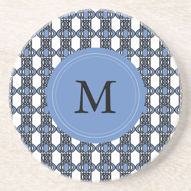 Custom Blue Abstract Scarab Pattern Monogram Drink Coaster (Front)