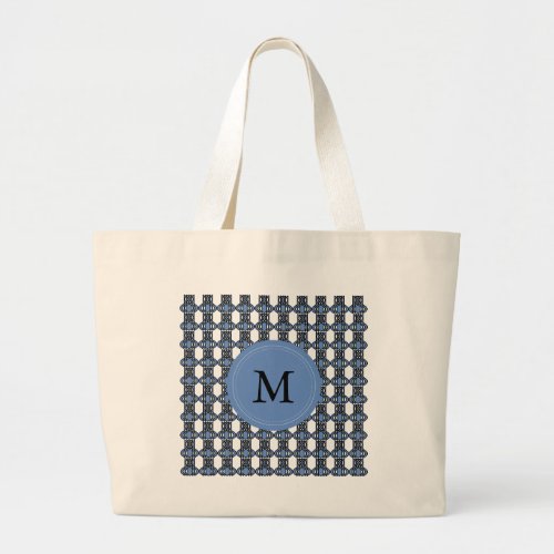 Custom Blue Abstract Scarab Pattern Monogram Large Tote Bag