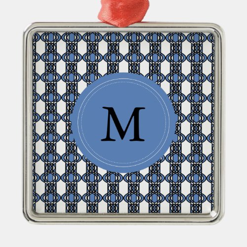 Custom Blue Abstract Scarab Pattern Monogram Metal Ornament