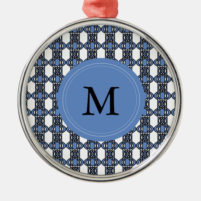 Custom Blue Abstract Scarab Pattern Monogram Metal Ornament (Front)