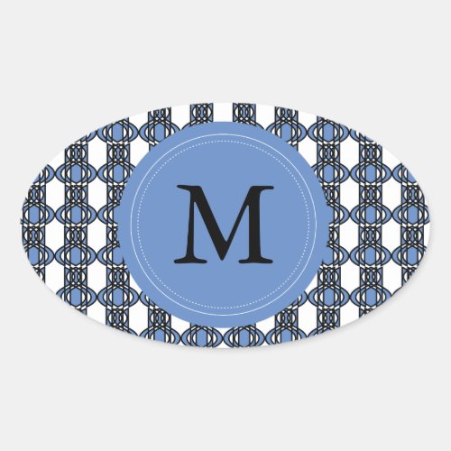 Custom Blue Abstract Scarab Pattern Monogram Oval Sticker