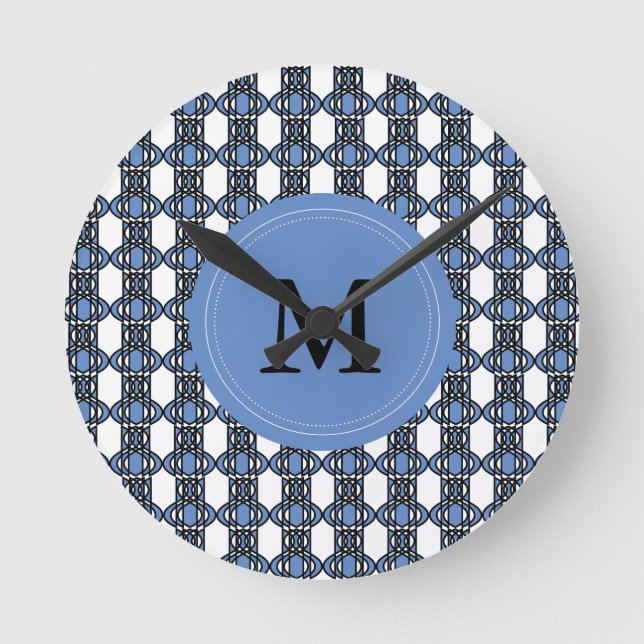 Custom Blue Abstract Scarab Pattern Monogram Round Clock (Front)