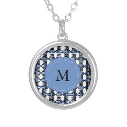 Custom Blue Abstract Scarab Pattern Monogram Silver Plated Necklace