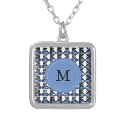 Custom Blue Abstract Scarab Pattern Monogram Silver Plated Necklace