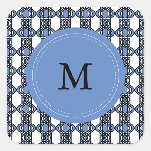 Custom Blue Abstract Scarab Pattern Monogram Square Sticker