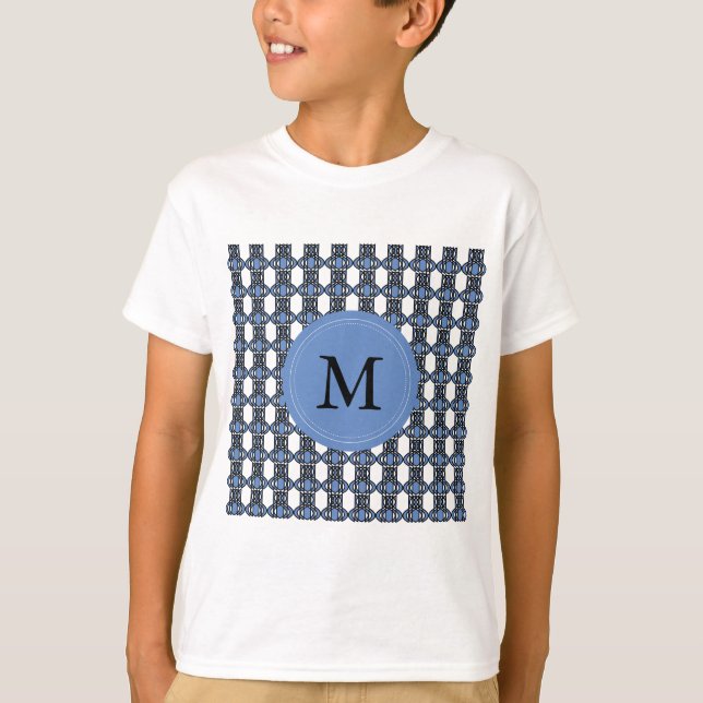 Custom Blue Abstract Scarab Pattern Monogram T-Shirt (Front)