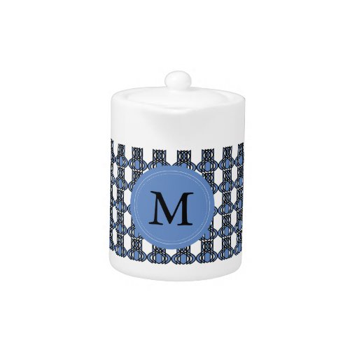 Custom Blue Abstract Scarab Pattern Monogram Teapot