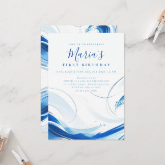 Custom Blue Abstract Wave First Birthday Invitation