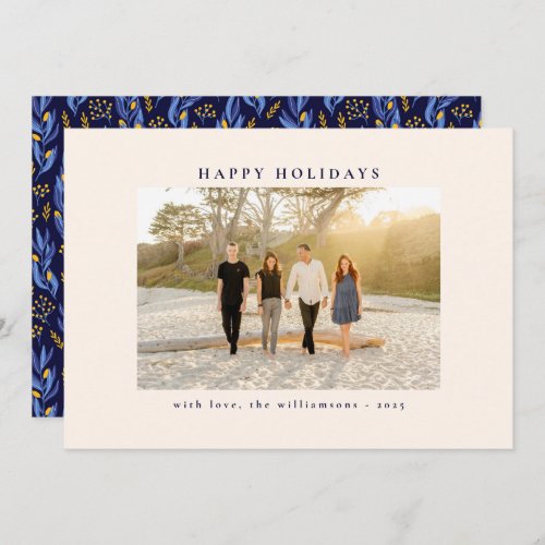 Custom Blue and Black Botanical Minimalist Holiday Card