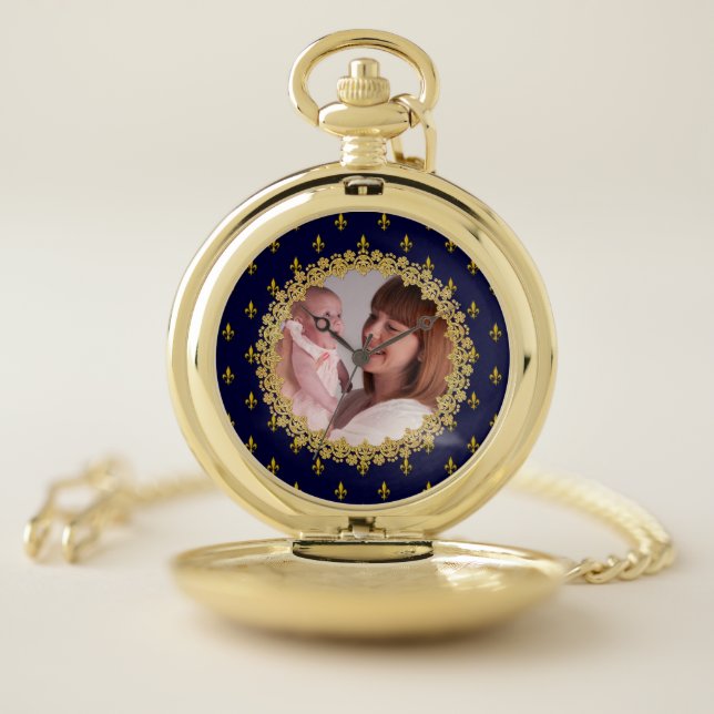 Custom Blue and Gold Fleur De Lis Pocket Watch (Inside)