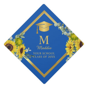 Custom Blue and Gold Floral  Graduation Cap Topper