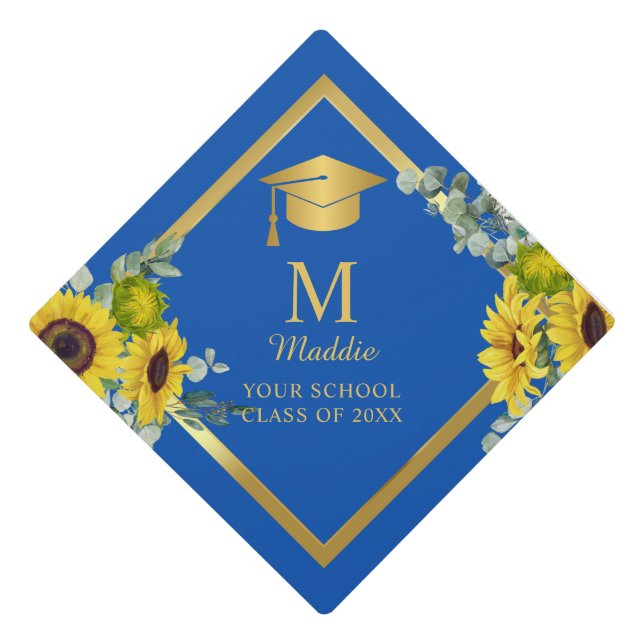 Custom Blue and Gold Floral  Graduation Cap Topper (Front)