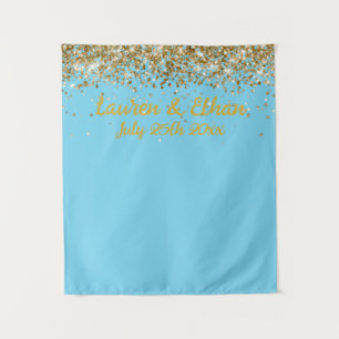 Custom Blue and Gold Glitter Wedding Photo Booth Tapestry