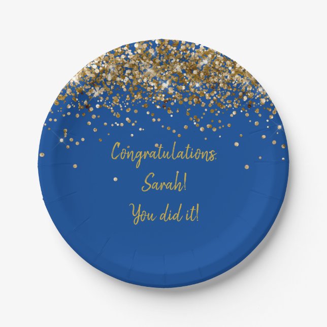 Custom Blue and Gold Graduation Party Glitter Paper Plates (Front)