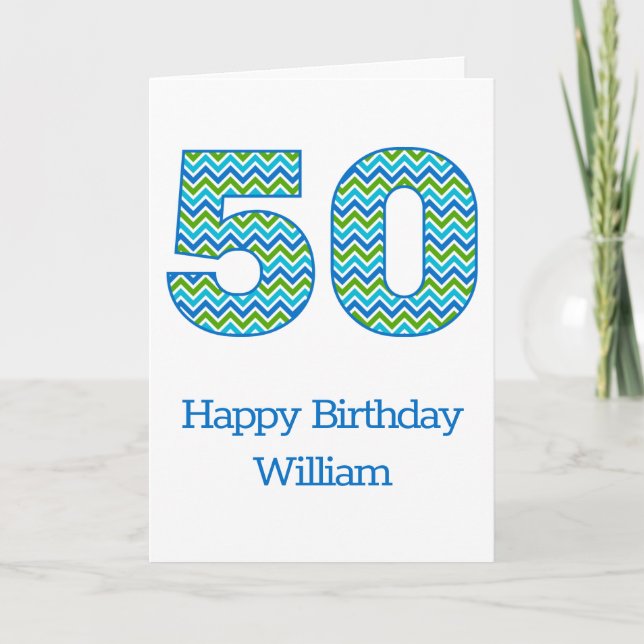 Custom Blue and Green Chevron 50th Birthday Card (Front)