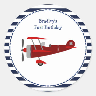 Custom Blue and Red Airplane Birthday Classic Round Sticker