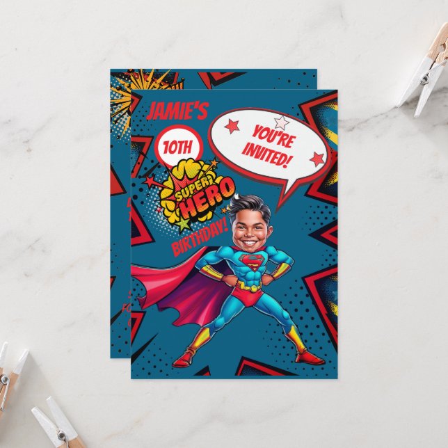 Custom Blue and Red Super Hero Boy Caricature  Invitation (Front/Back In Situ)
