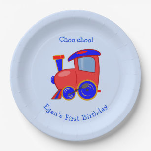 Custom Blue and Red Train Birthday Paper Plate