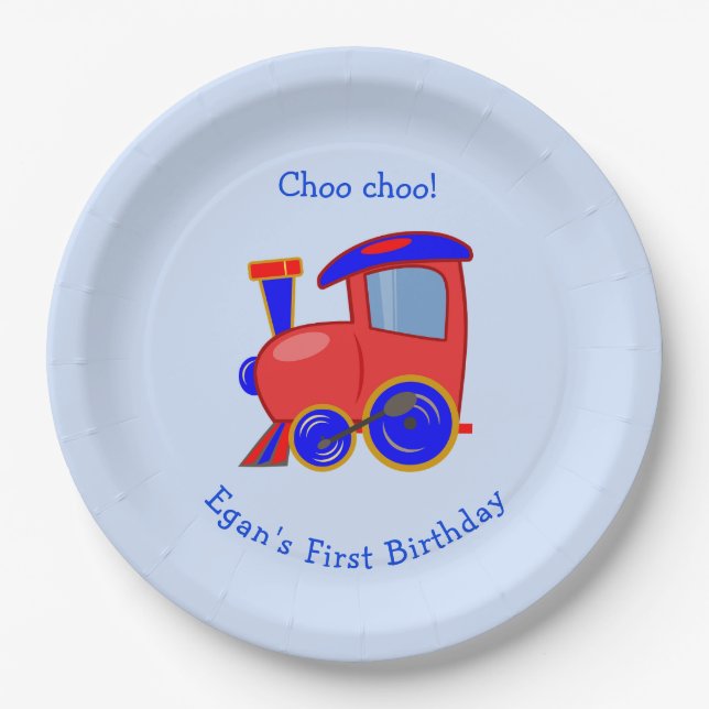 Custom Blue and Red Train Birthday Paper Plate (Front)