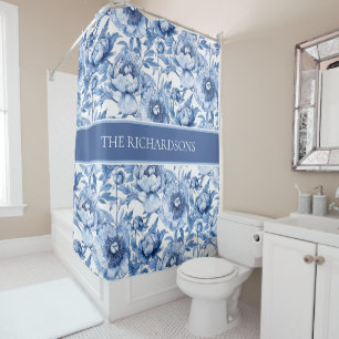 Custom Blue and White Chinoiserie Floral Pattern Shower Curtain