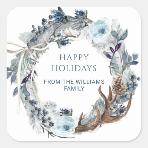 Custom Blue and White Elegant Wreath Holiday Square Sticker