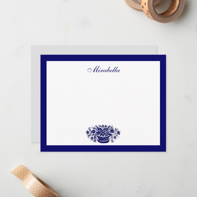 Custom Blue and White Floral Blue Border 4.25x5.5 Note Card (Front/Back In Situ)