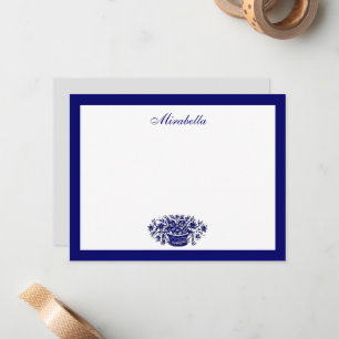 Custom Blue and White Floral Blue Border 4.25x5.5 Note Card