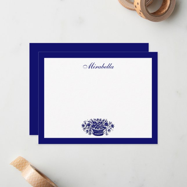 Custom Blue and White Floral Blue Border 4.25x5.5 Note Card (Front/Back In Situ)