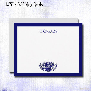 Custom Blue and White Floral Blue Border 4.25x5.5 Note Card