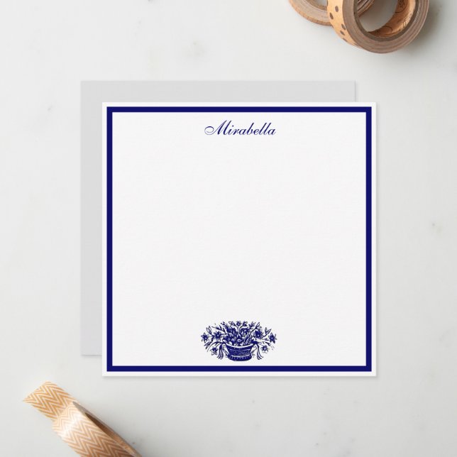 Custom Blue and White Floral Blue Border Square Note Card (Front/Back In Situ)