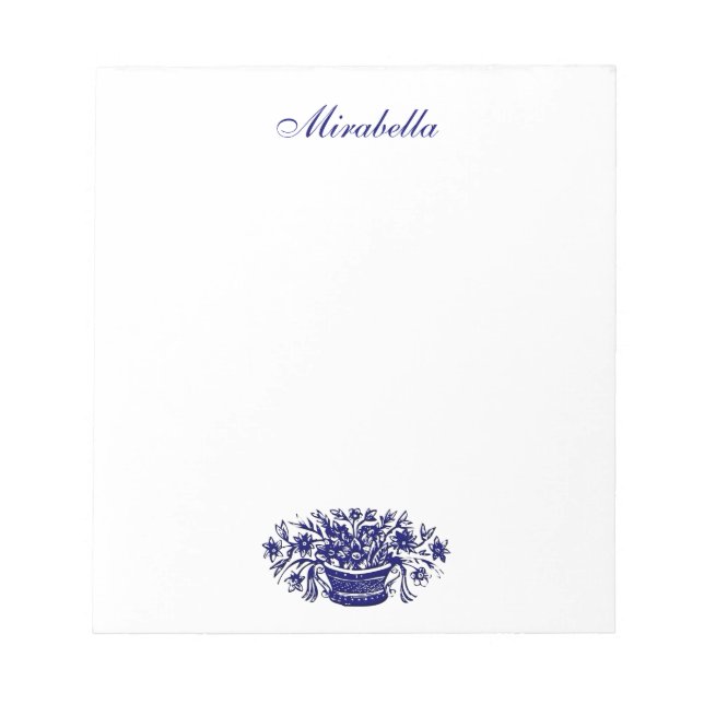 Custom Blue and White Flower Basket Notepad (Front)