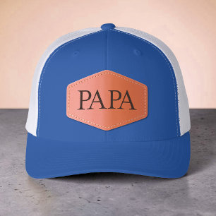 Custom Blue and White PAPA Lettering Leather Patch Hat