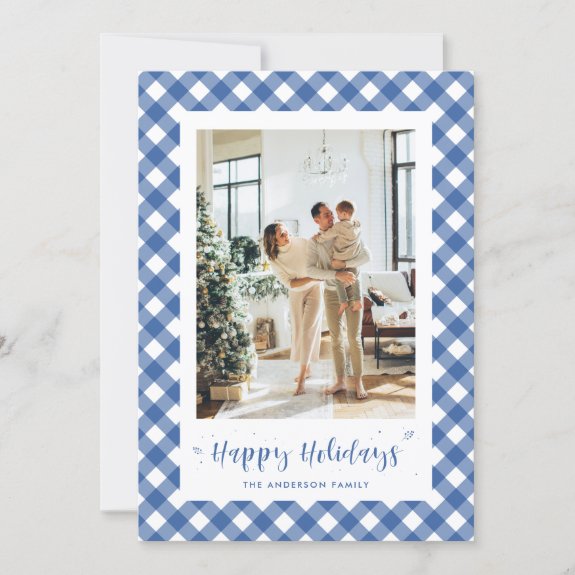 Custom Blue and White Plaid Photo Holiday Card