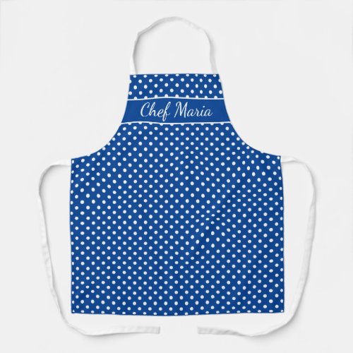 Custom blue and white polkadotted pattern cooking apron