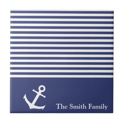 Custom Blue and White Striped Nautical Anchor Tile