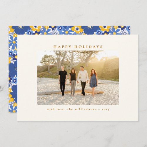 Custom Blue and Yellow Floral Minimalist Happy Holiday Card