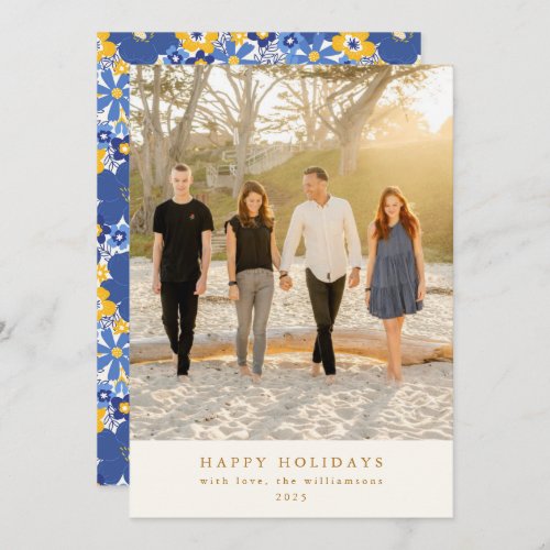 Custom Blue and Yellow Floral Minimalist Portrait Holiday Card
