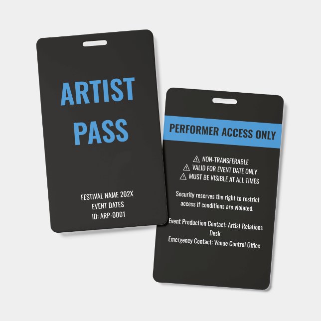Custom Blue Artist Performer Access Concert ID Badge (Front & Back)
