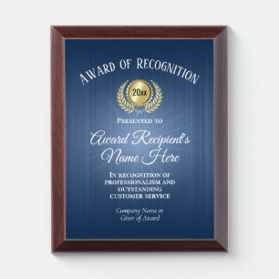 Custom Blue Award of Recognition Plaque