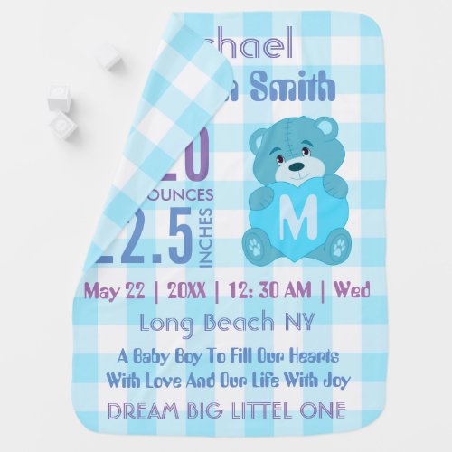 Custom blue baby boy birth stats baby blanket